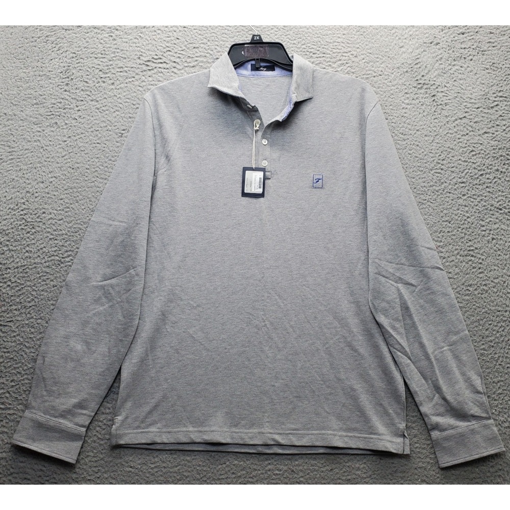 Fay Polo Shirt Men XXL Gray Flip Cuff Italy Regular Fit Long Sleeve Slit Popover